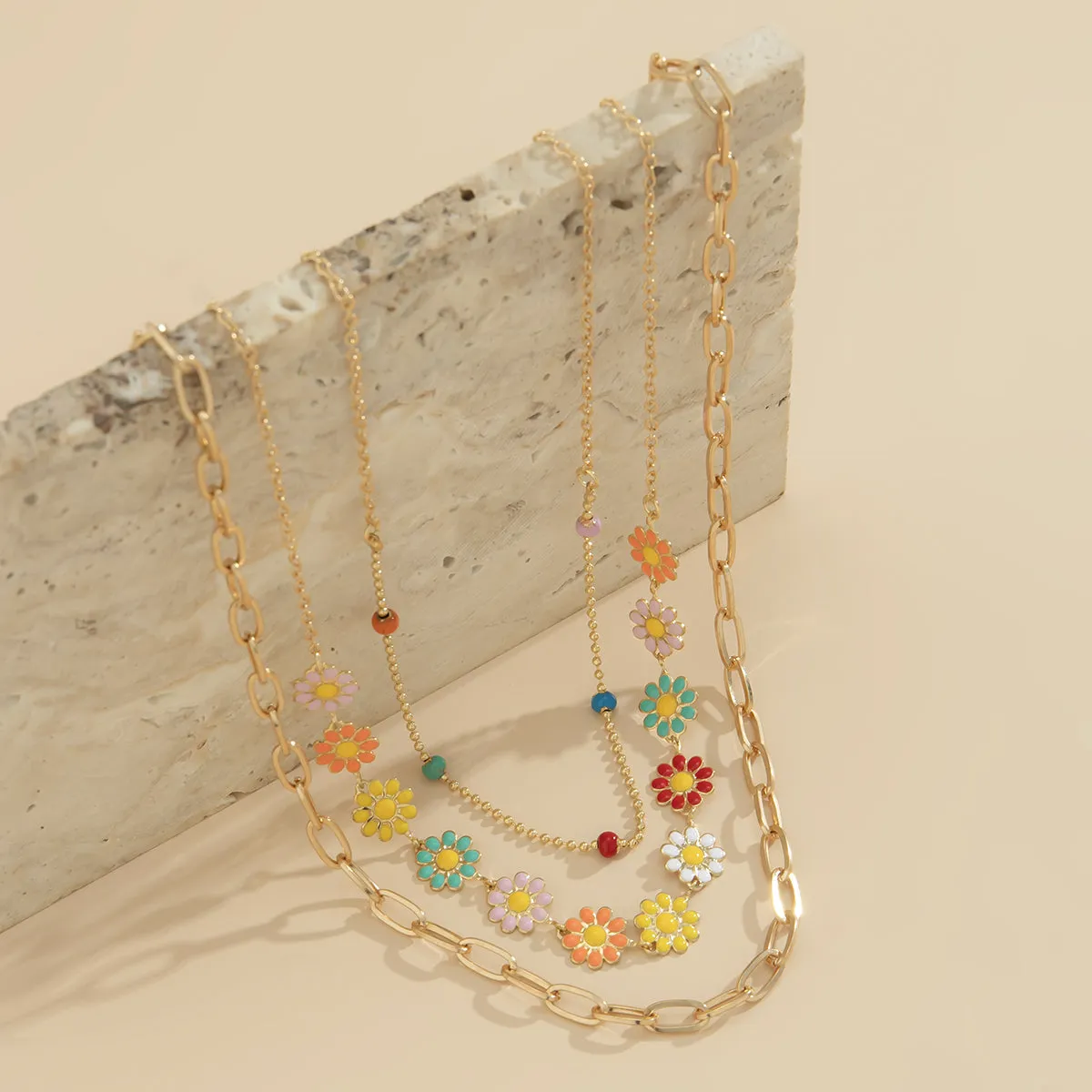 Pink Multicolor Enamel & 18K Gold-Plated Mum Necklace Set