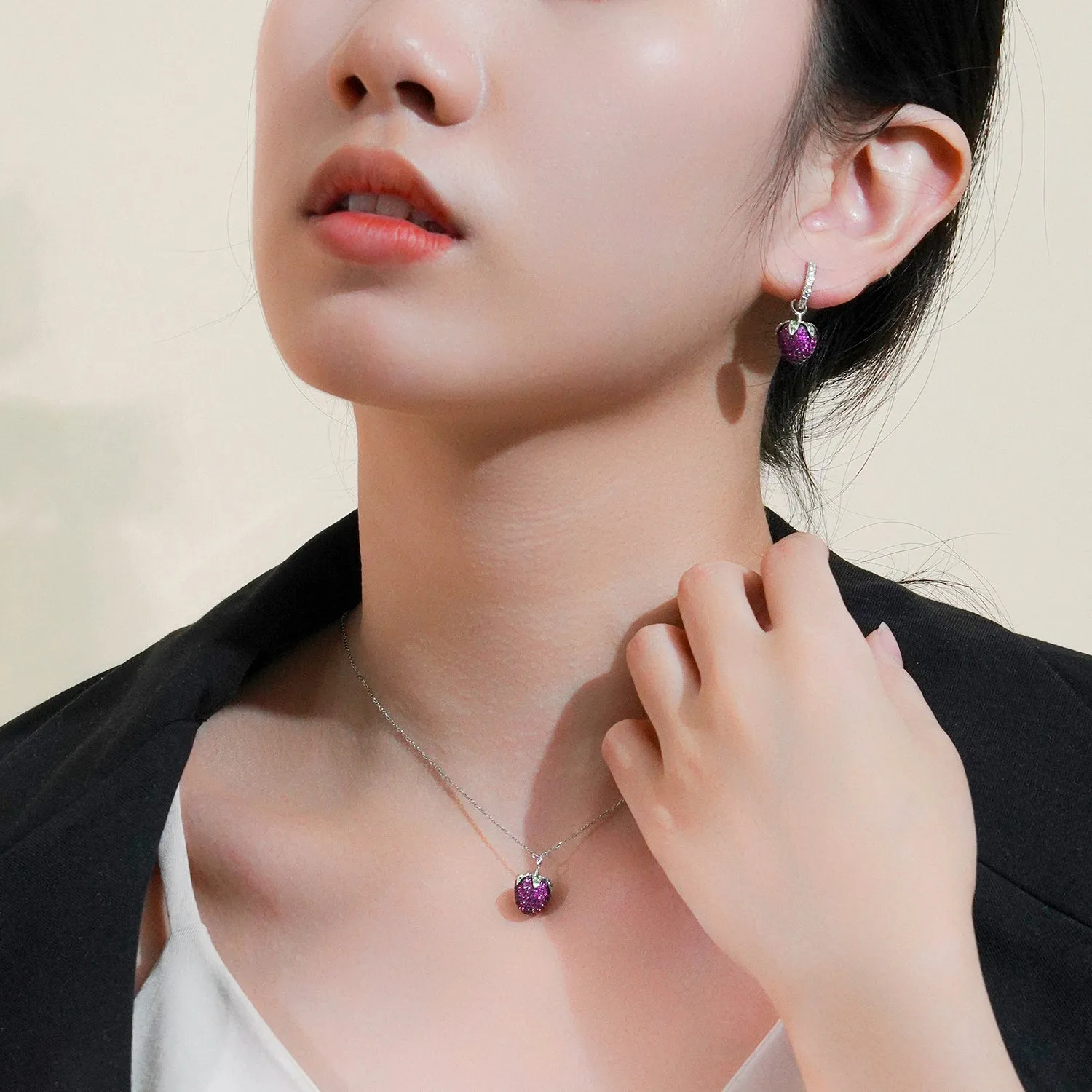 Pink Sapphire Strawberry Dangle Diamond Hoop Earrings