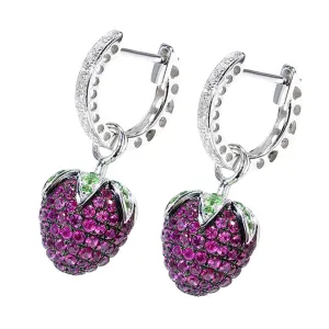 Pink Sapphire Strawberry Dangle Diamond Hoop Earrings