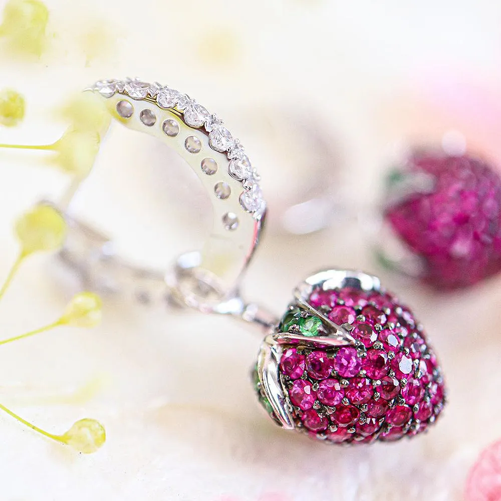 Pink Sapphire Strawberry Dangle Diamond Hoop Earrings
