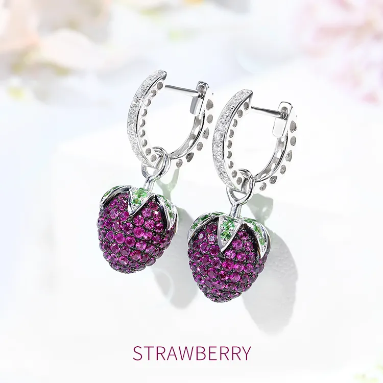Pink Sapphire Strawberry Dangle Diamond Hoop Earrings