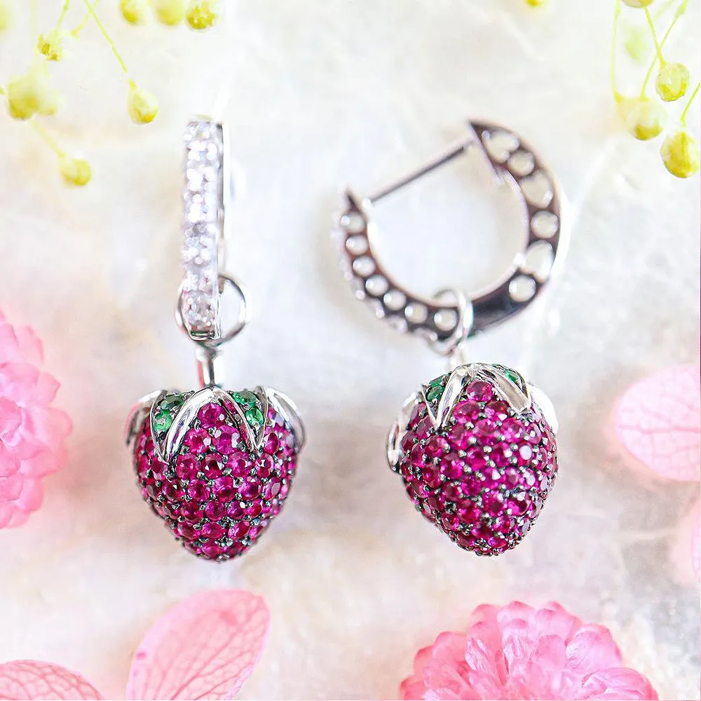 Pink Sapphire Strawberry Dangle Diamond Hoop Earrings