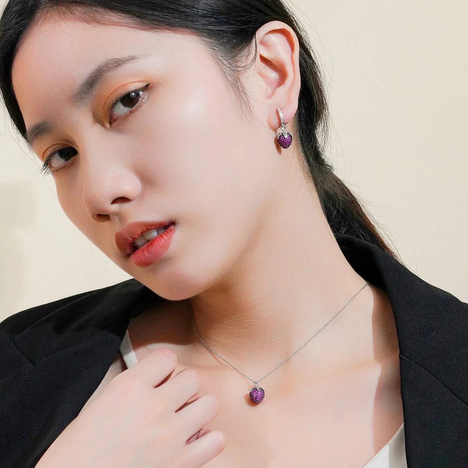 Pink Sapphire Strawberry Dangle Diamond Hoop Earrings