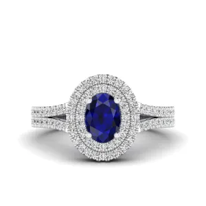 Prong-Set Double Halo Oval Sapphire and Infinity Diamond Ring