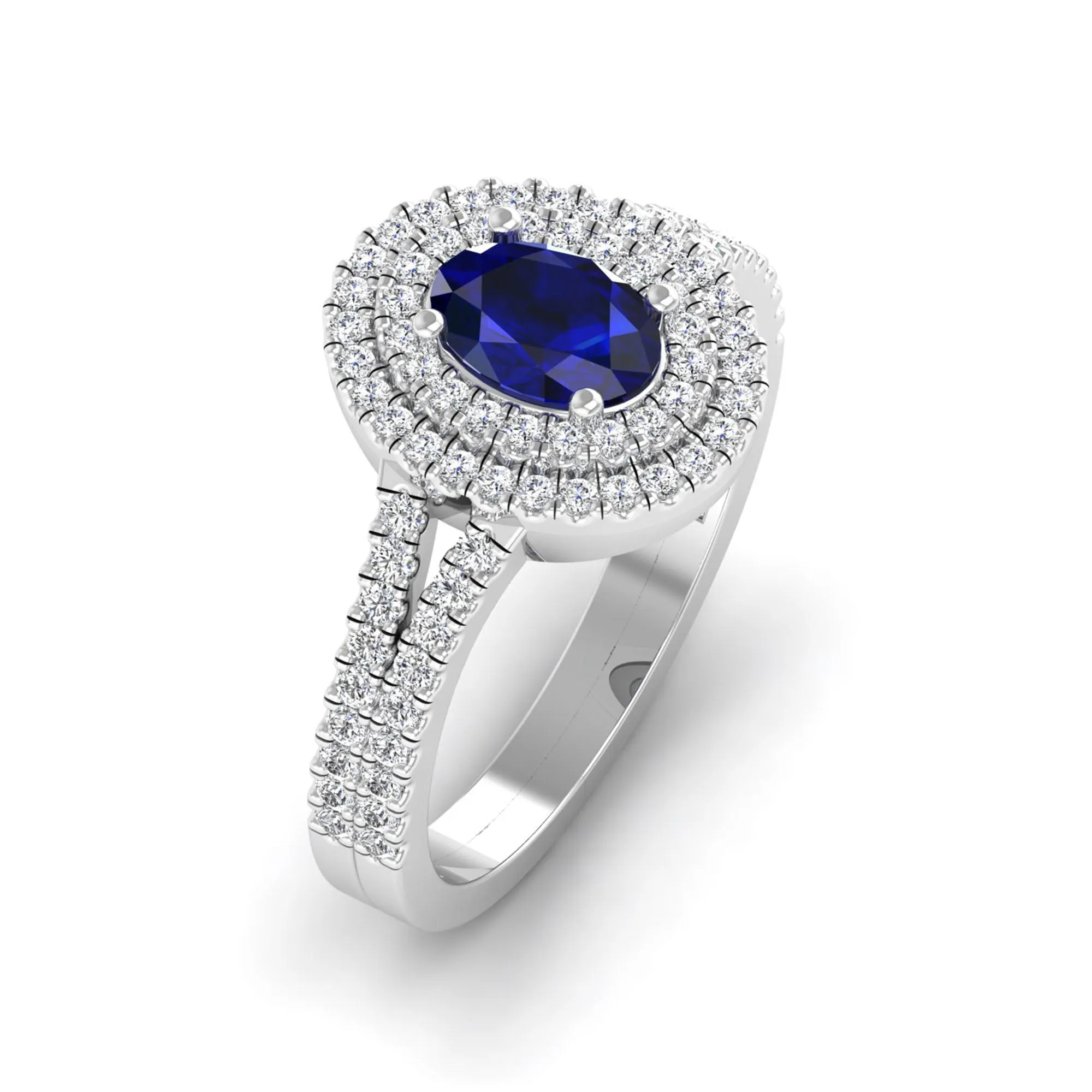 Prong-Set Double Halo Oval Sapphire and Infinity Diamond Ring