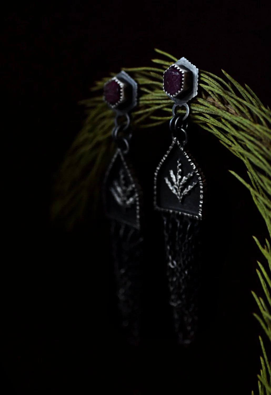 Raw Ruby Fern Shrine Dangle Earrings