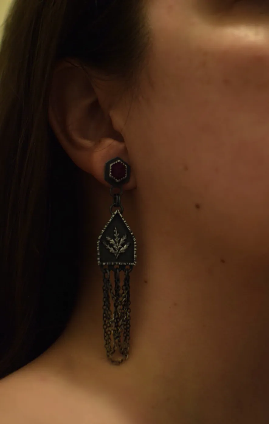 Raw Ruby Fern Shrine Dangle Earrings