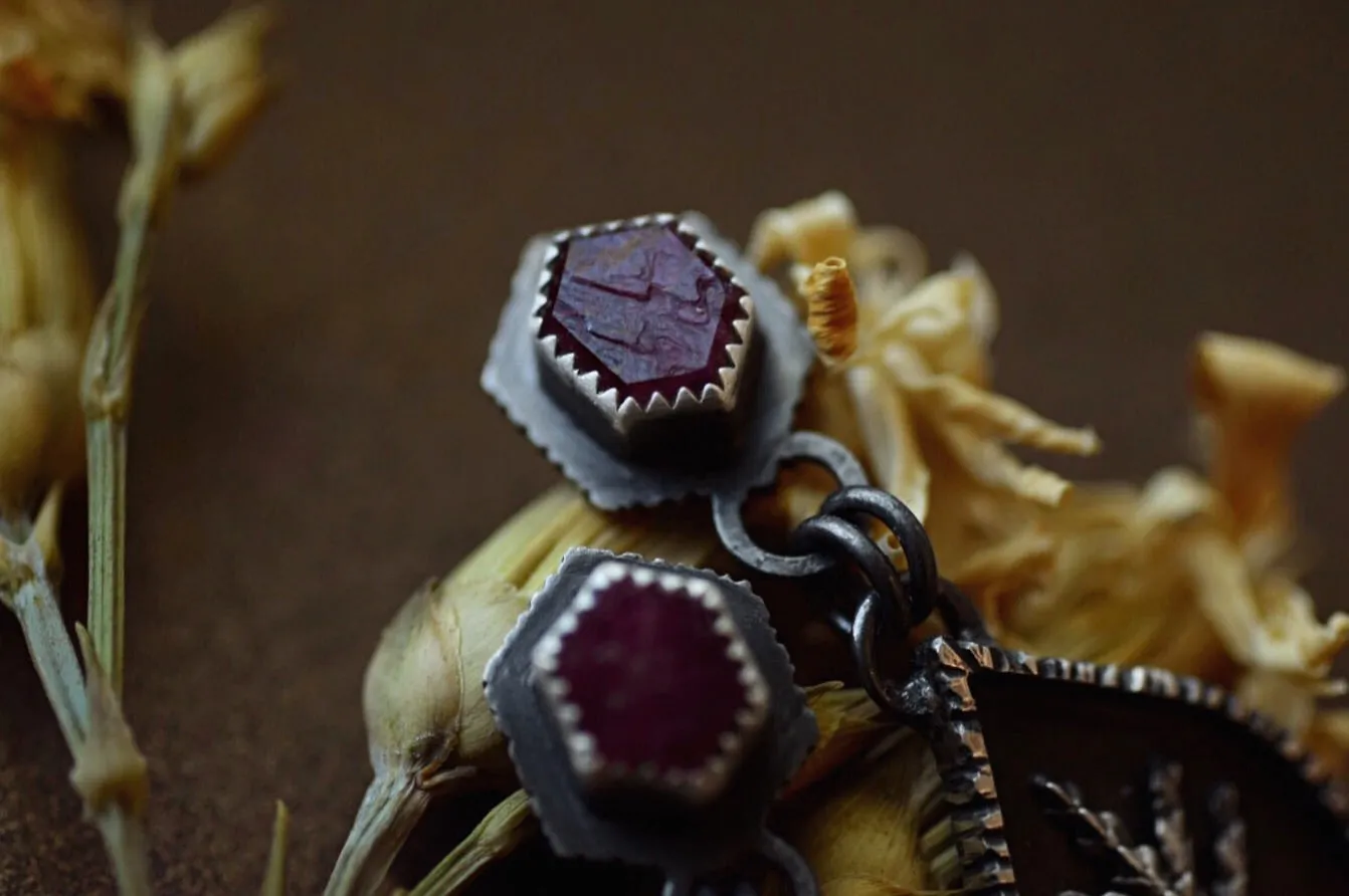 Raw Ruby Fern Shrine Dangle Earrings