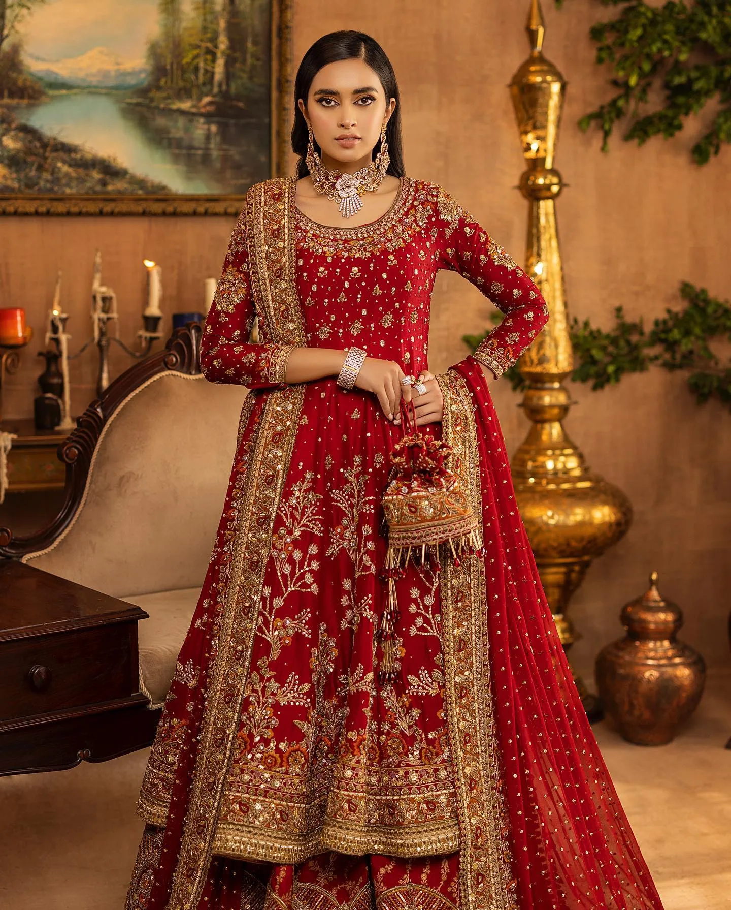 Red Pakistani Bridal Dress in Lehenga and Frock Style