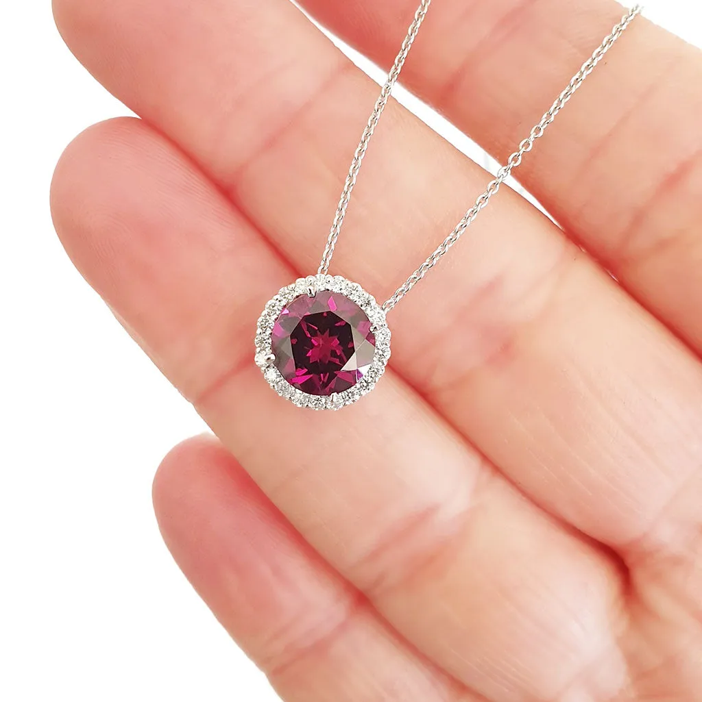 Round Cut Grape Garnet Diamond Halo Pendant