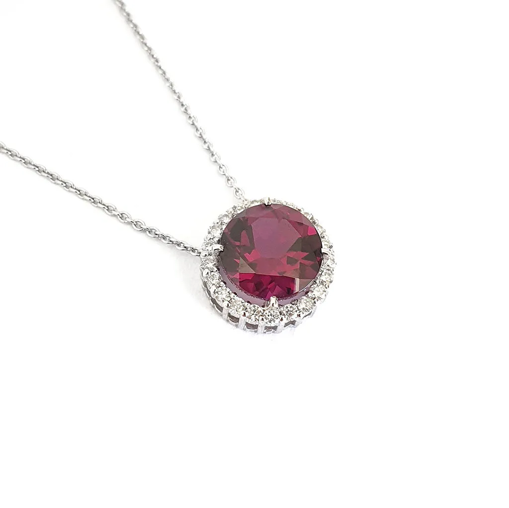 Round Cut Grape Garnet Diamond Halo Pendant