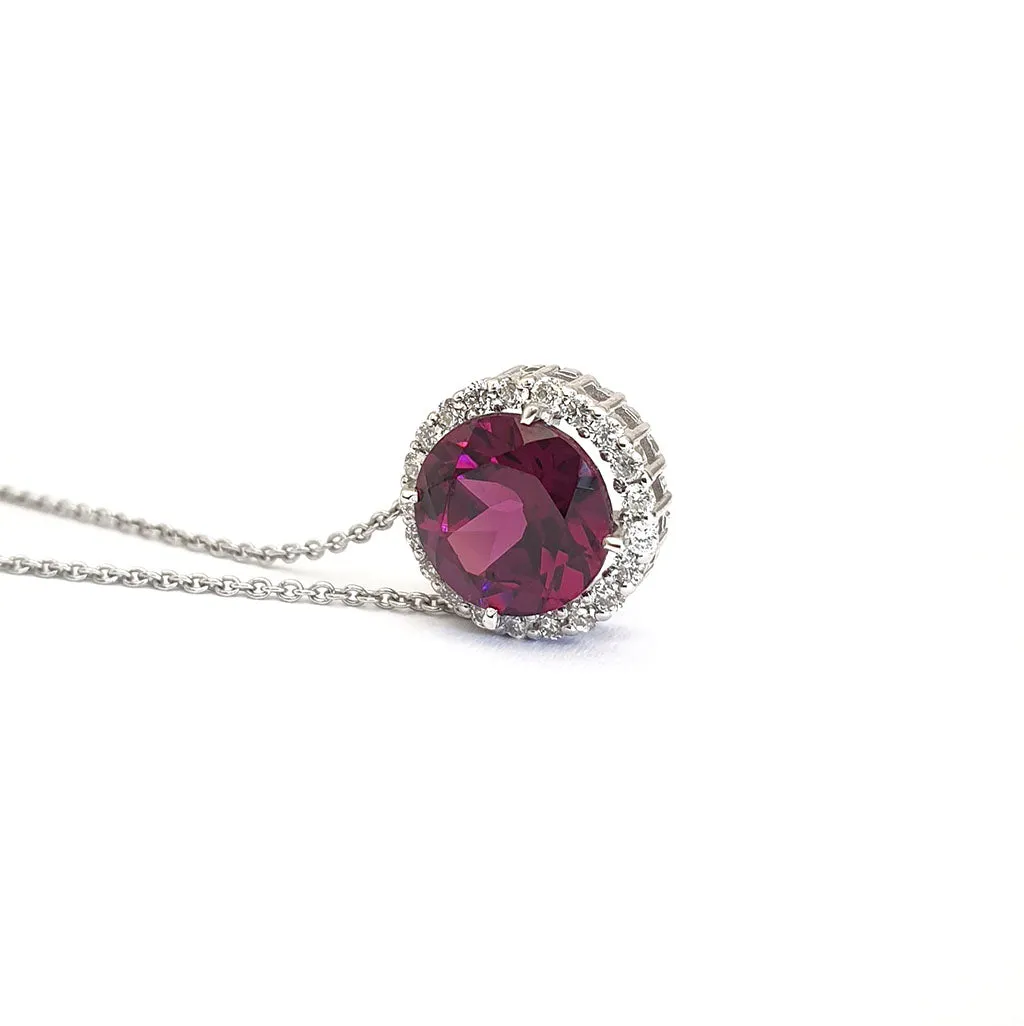 Round Cut Grape Garnet Diamond Halo Pendant