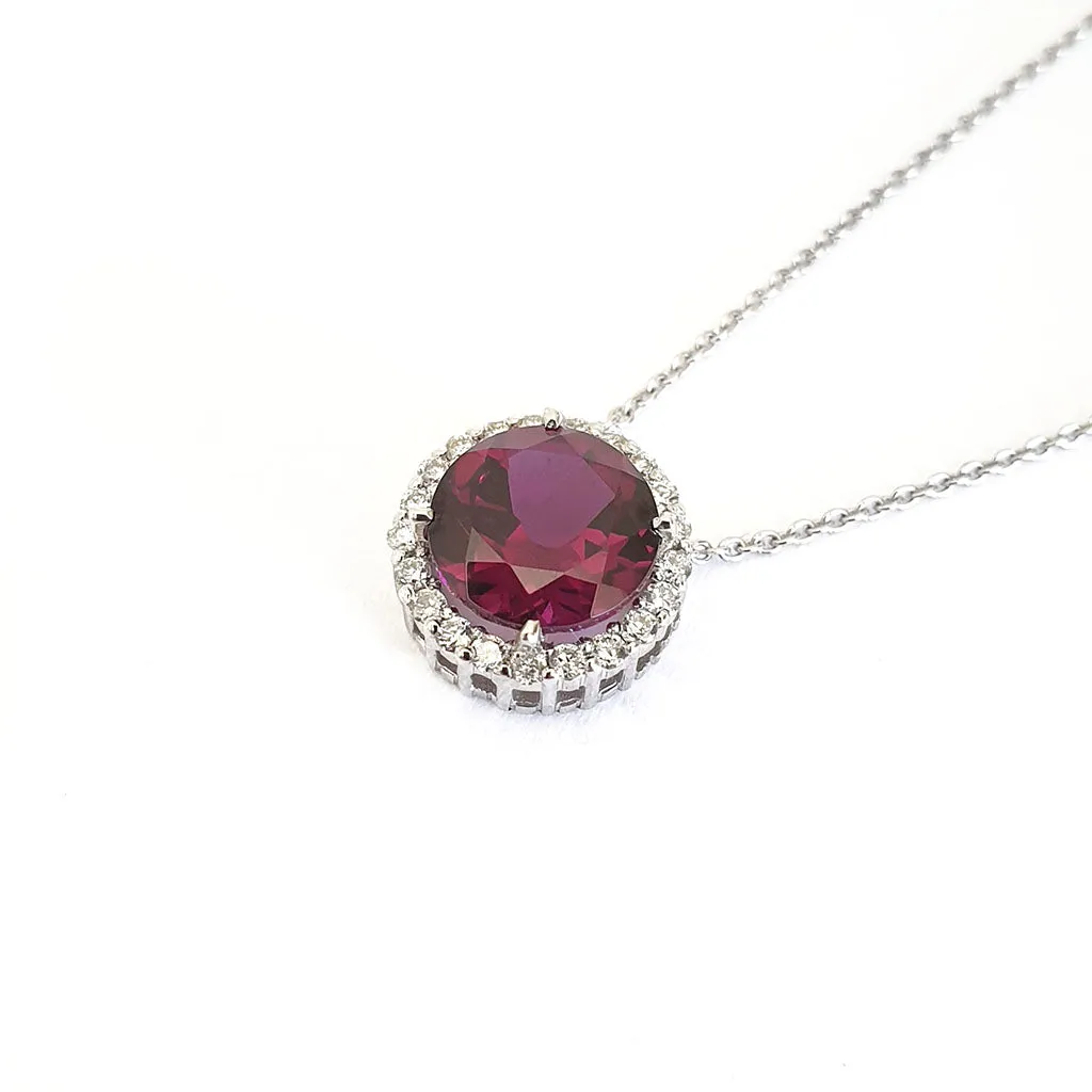 Round Cut Grape Garnet Diamond Halo Pendant