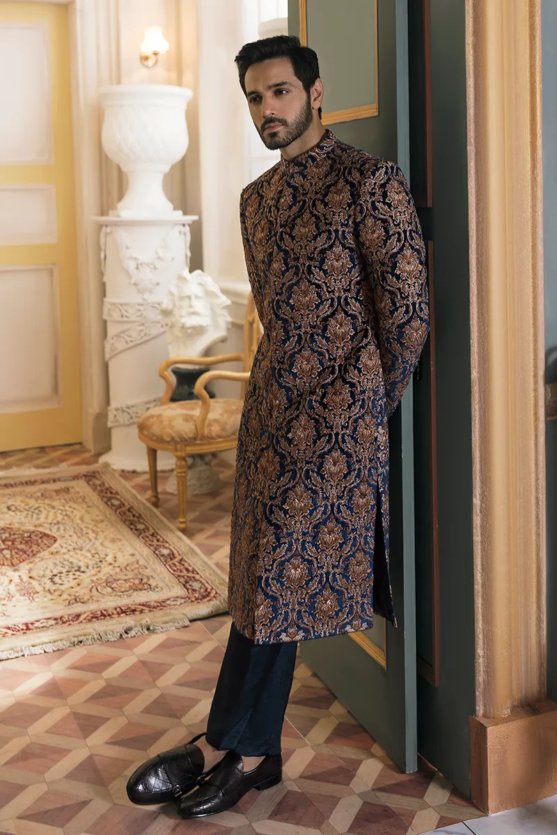 Royal Embellished Pakistani Groom Sherwani in Blue