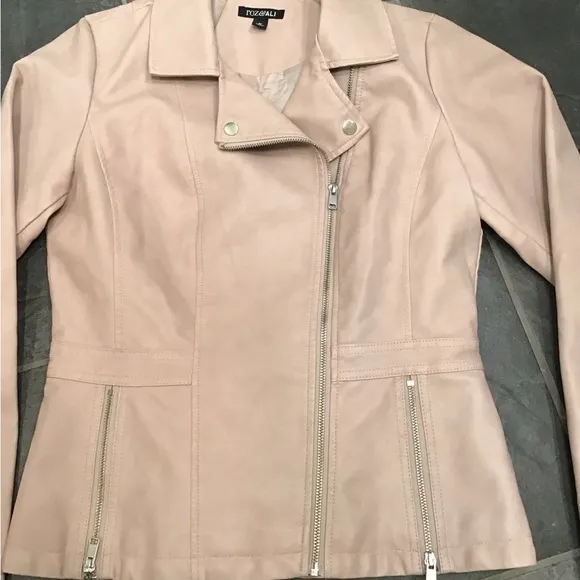 Roz &amp; Ali Womens Faux Leather Moto Jacket Size M Asymmetrical Zip Pink Bomber