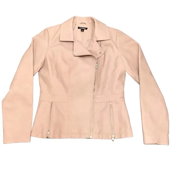 Roz &amp; Ali Womens Faux Leather Moto Jacket Size M Asymmetrical Zip Pink Bomber