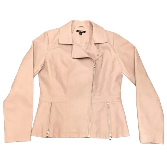 Roz &amp; Ali Womens Faux Leather Moto Jacket Size M Asymmetrical Zip Pink Bomber