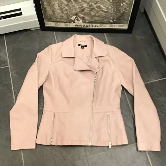 Roz &amp; Ali Womens Faux Leather Moto Jacket Size M Asymmetrical Zip Pink Bomber