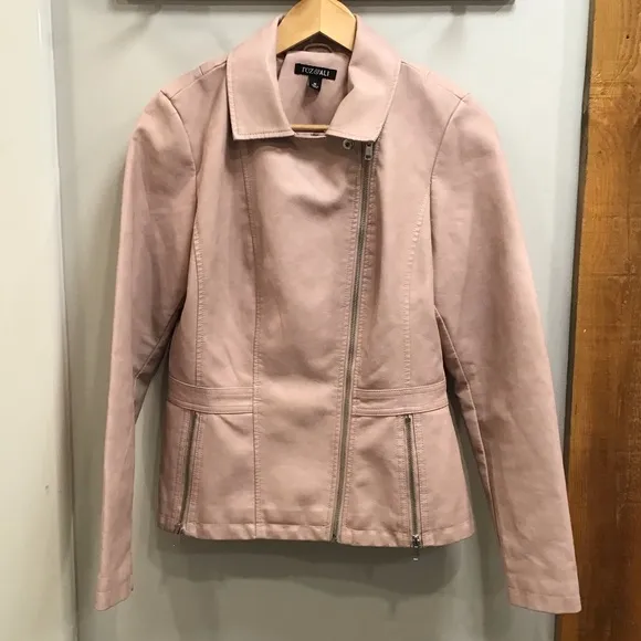 Roz &amp; Ali Womens Faux Leather Moto Jacket Size M Asymmetrical Zip Pink Bomber