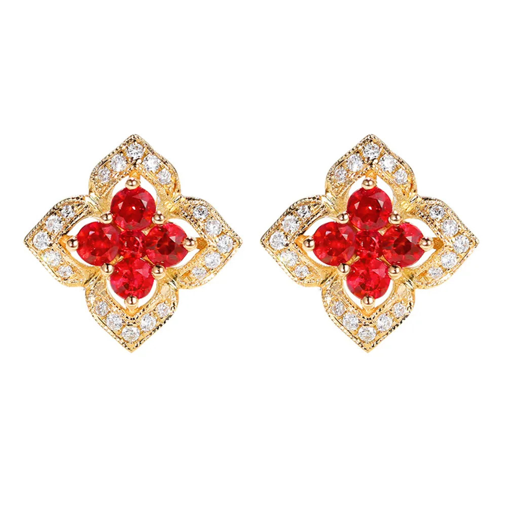 Ruby and Diamond Lucky Clover Stud Earrings