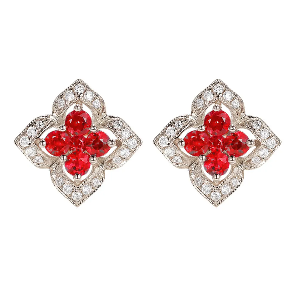 Ruby and Diamond Lucky Clover Stud Earrings