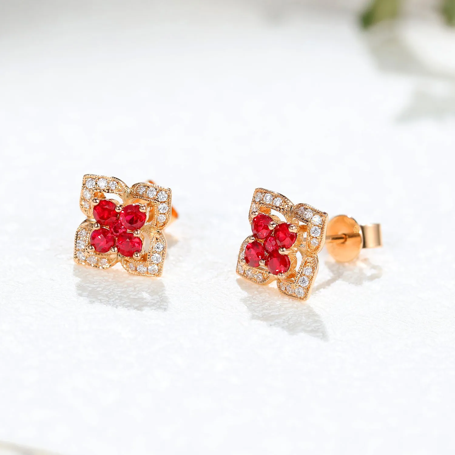 Ruby and Diamond Lucky Clover Stud Earrings