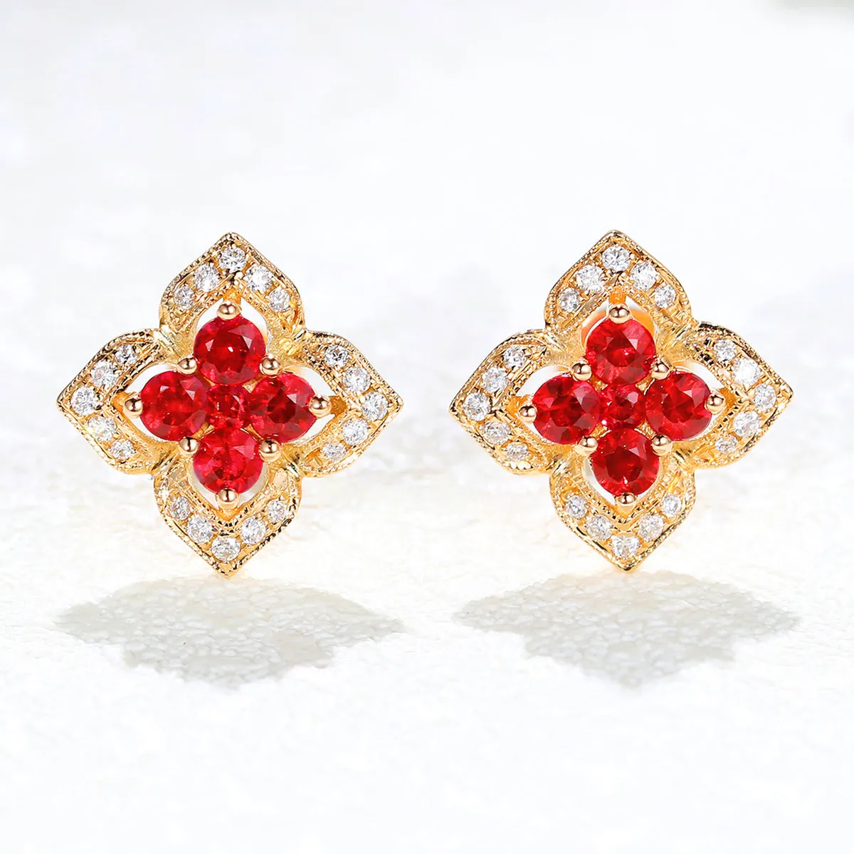 Ruby and Diamond Lucky Clover Stud Earrings
