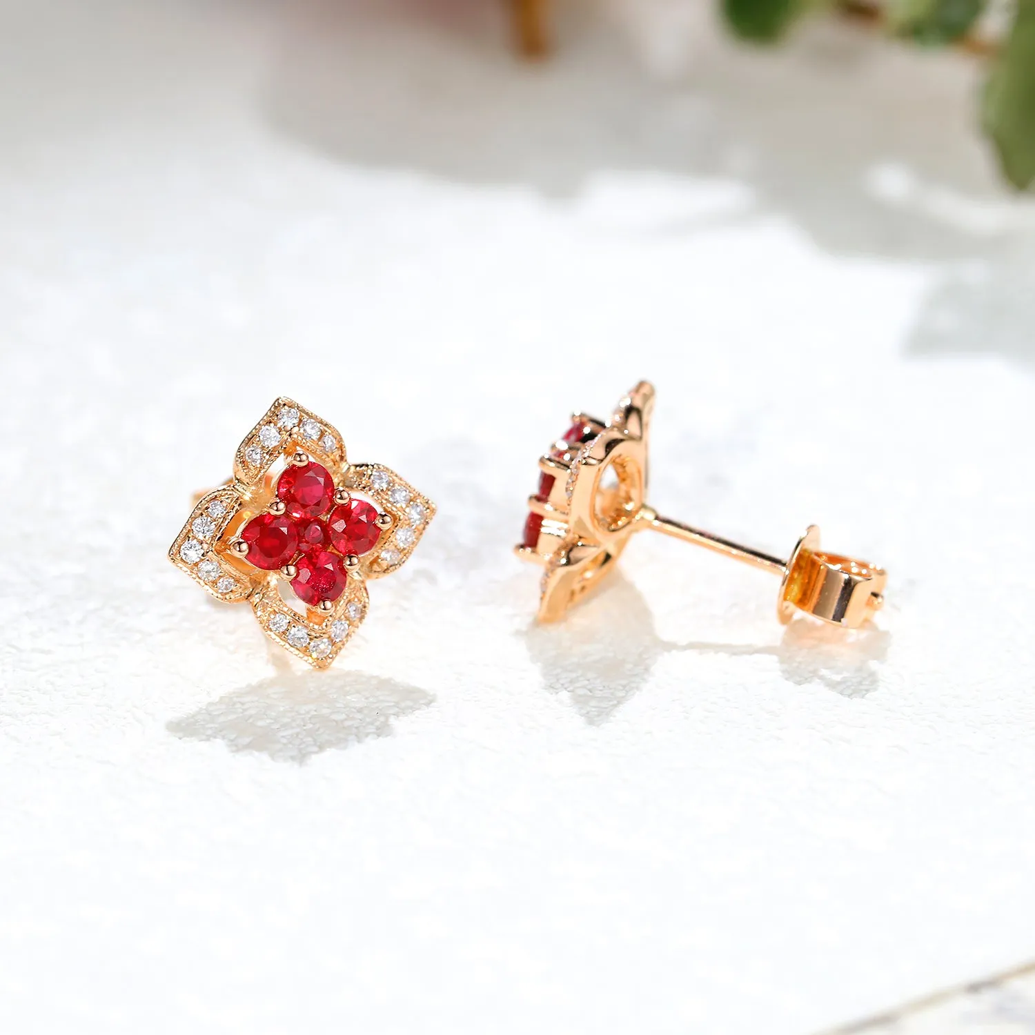 Ruby and Diamond Lucky Clover Stud Earrings