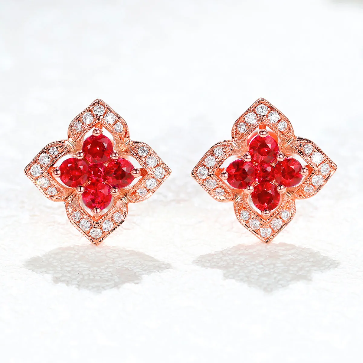 Ruby and Diamond Lucky Clover Stud Earrings