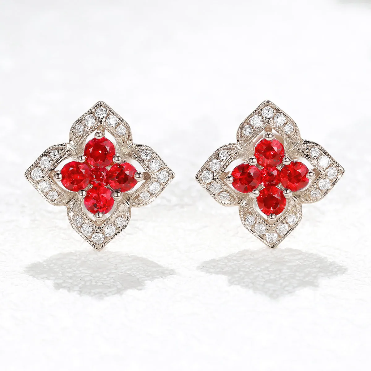 Ruby and Diamond Lucky Clover Stud Earrings