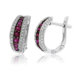 Ruby Center & Diamond Lined Hoop Earrings