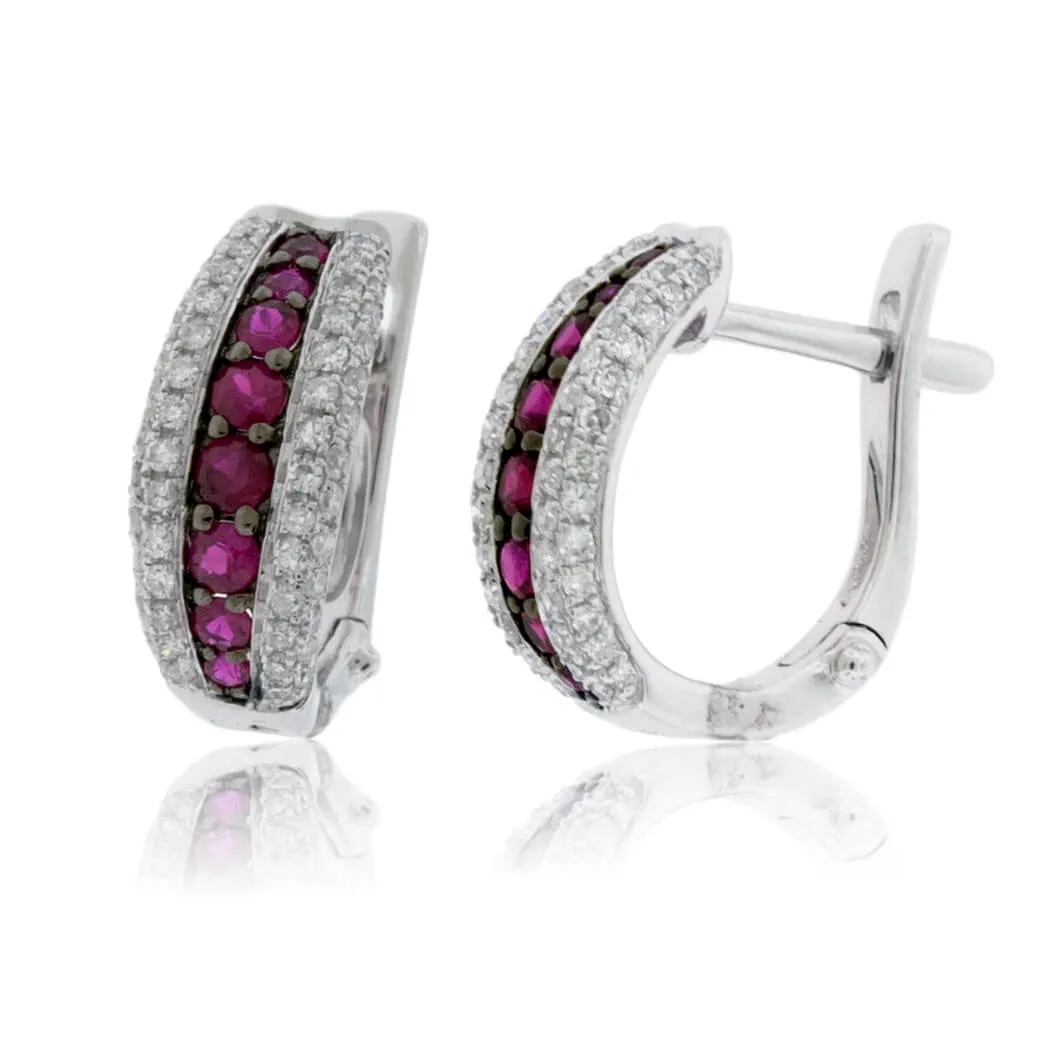 Ruby Center & Diamond Lined Hoop Earrings