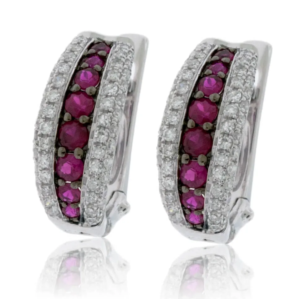 Ruby Center & Diamond Lined Hoop Earrings
