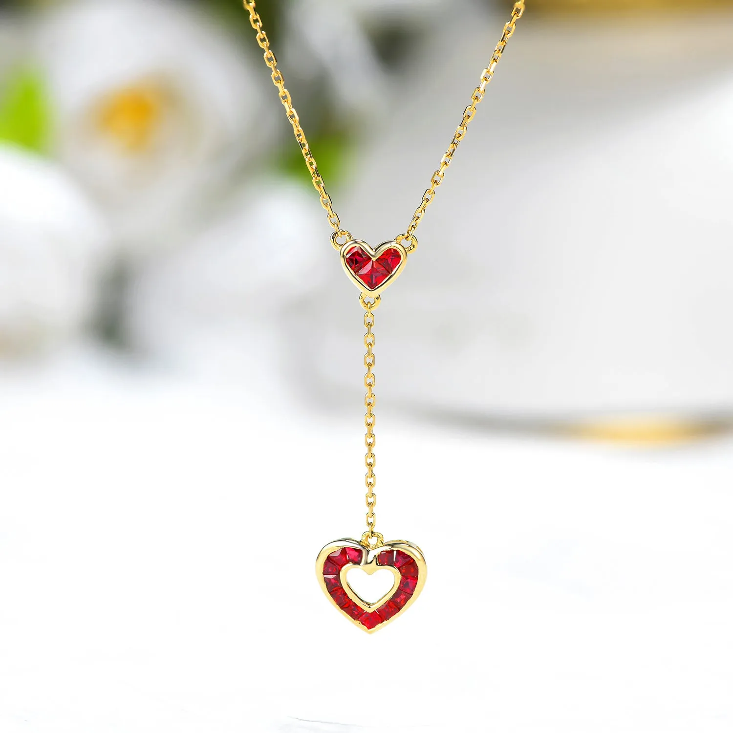 Ruby Heart Pendant Dangle Necklace