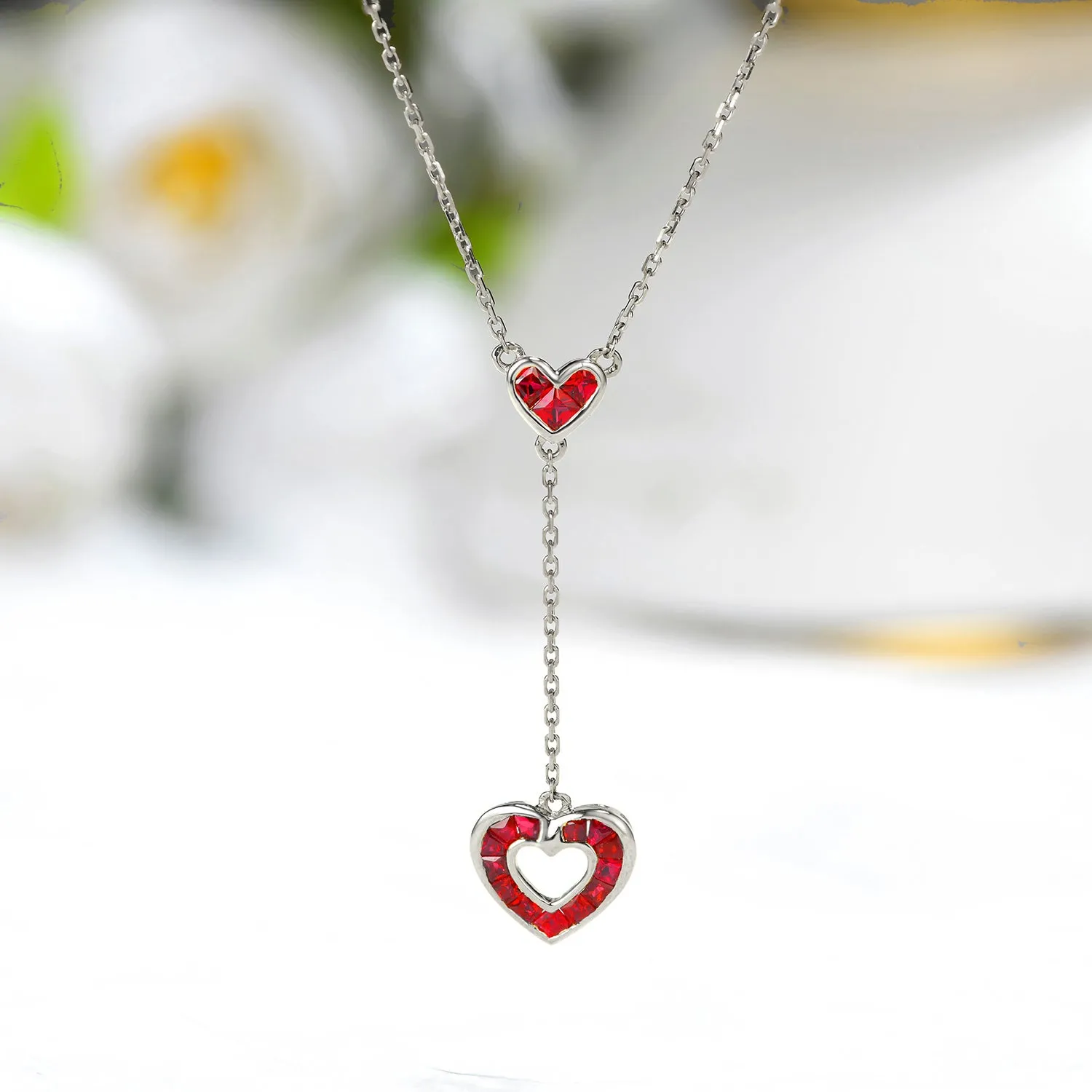 Ruby Heart Pendant Dangle Necklace