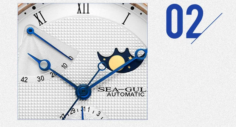 Sea-Gull automatic mechanical watch with Moon phase , Date and Power Reserve . Sapphire glass . Leather strap. Calibre :  ST2153  Model : 819.11.6092