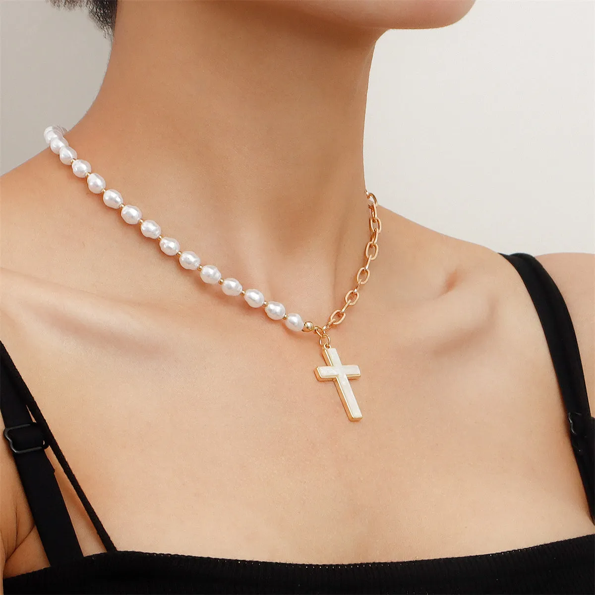Shell & Pearl 18K Gold-Plated Cross Pendant Patchwork Necklace