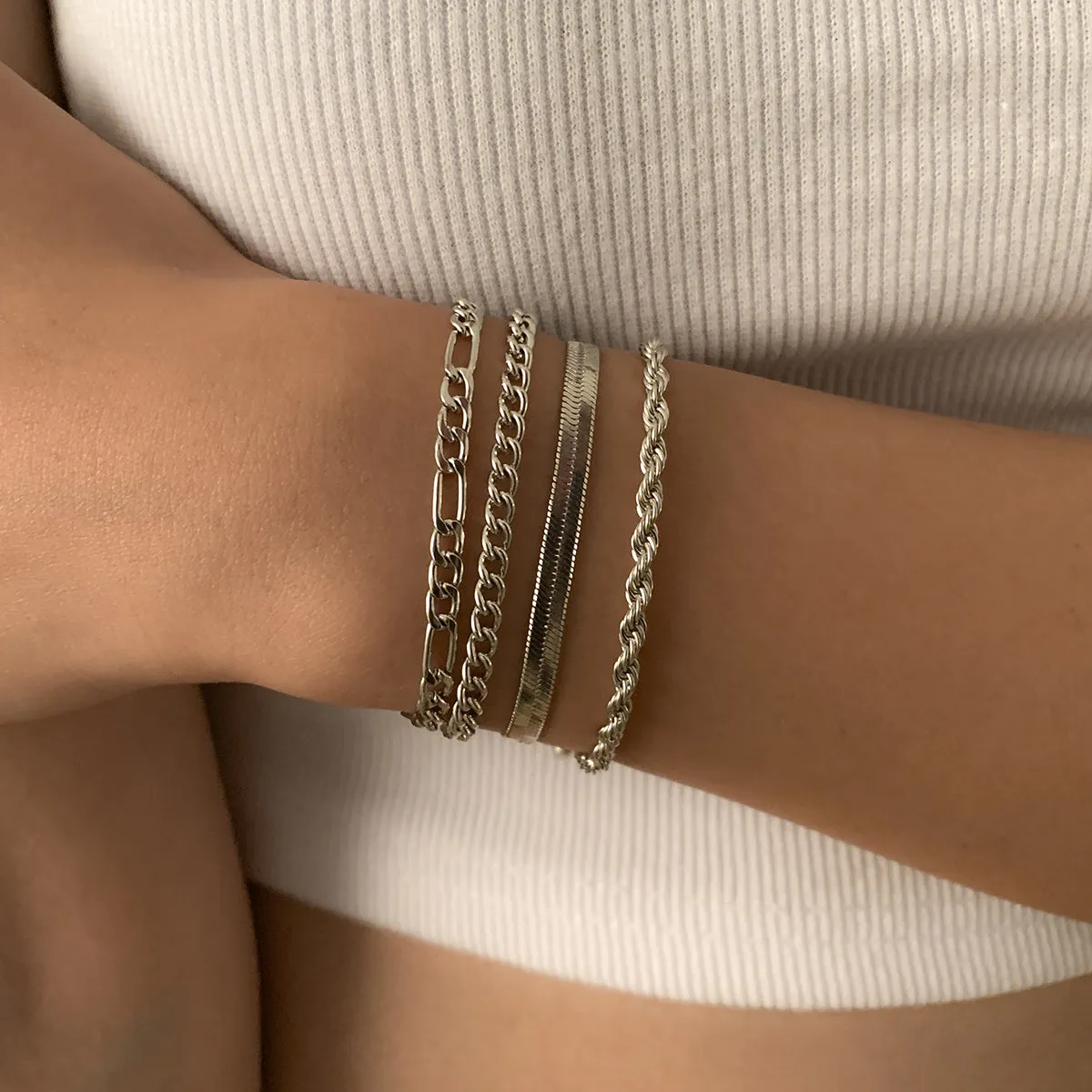 Silver-Plated Figaro Chain Bracelet Set