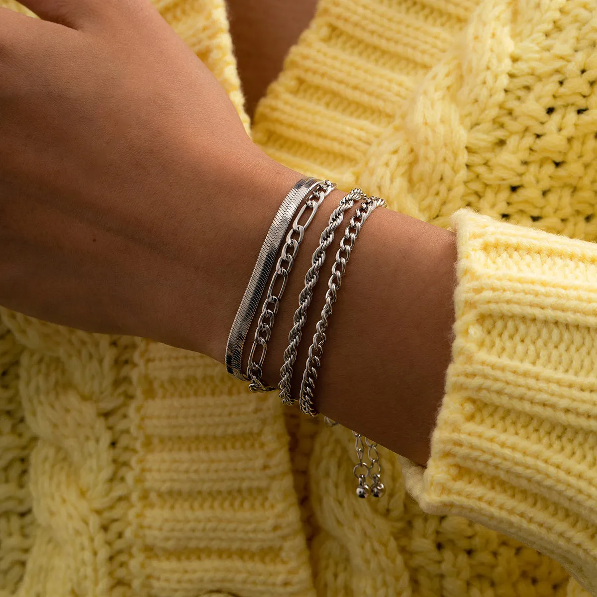 Silver-Plated Figaro Chain Bracelet Set