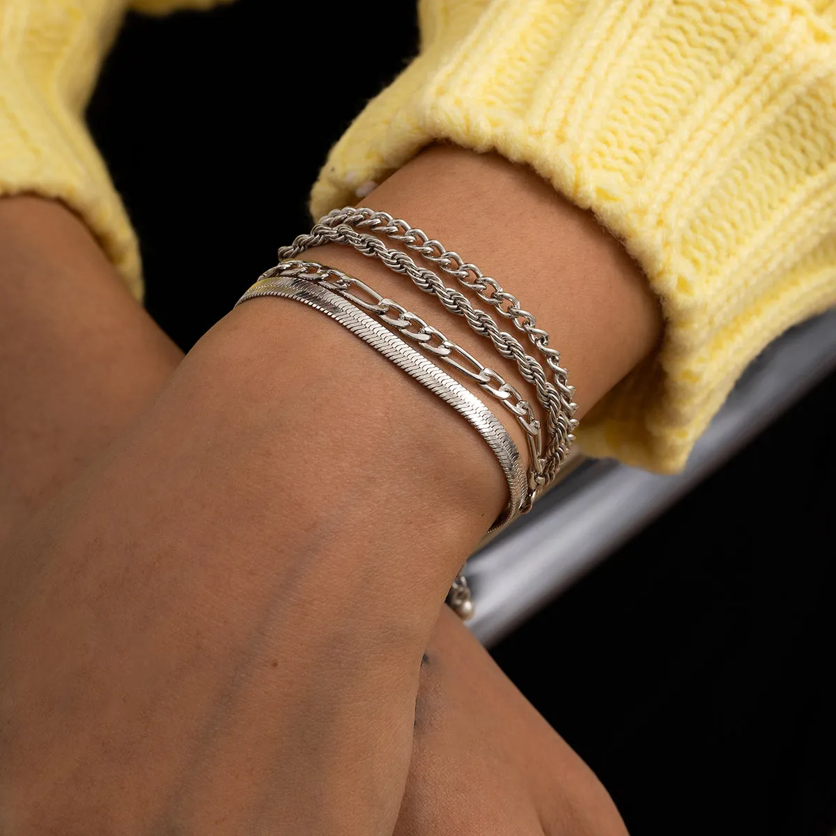 Silver-Plated Figaro Chain Bracelet Set