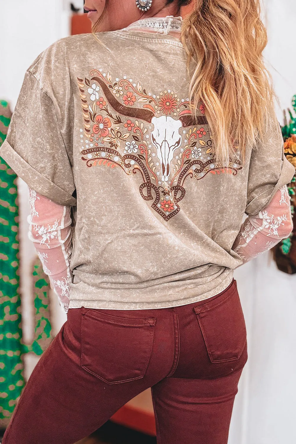 Smoke Gray Mineral Wash Floral Steer Head Printed Back Western Fashion Tee