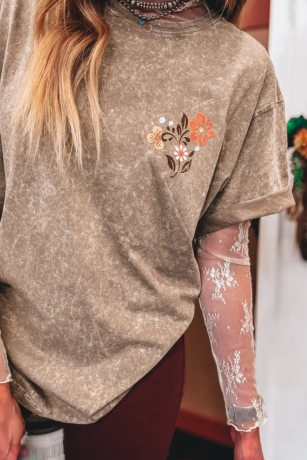 Smoke Gray Mineral Wash Floral Steer Head Printed Back Western Fashion Tee