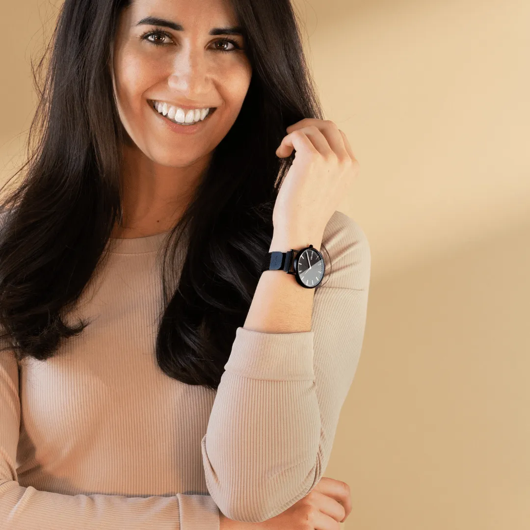 Solar Watch with Black Dial  | Blue Mesh Strap