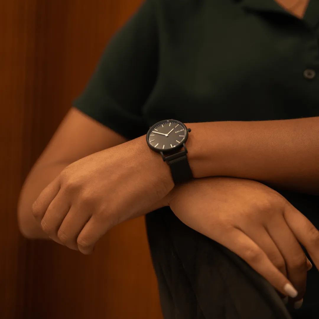 Solar Watch with Black Dial  | Blue Mesh Strap