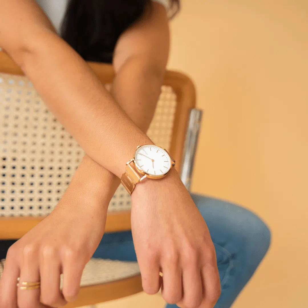 Solar Watch with White & Rose Gold Dial | Grey Mesh Strap