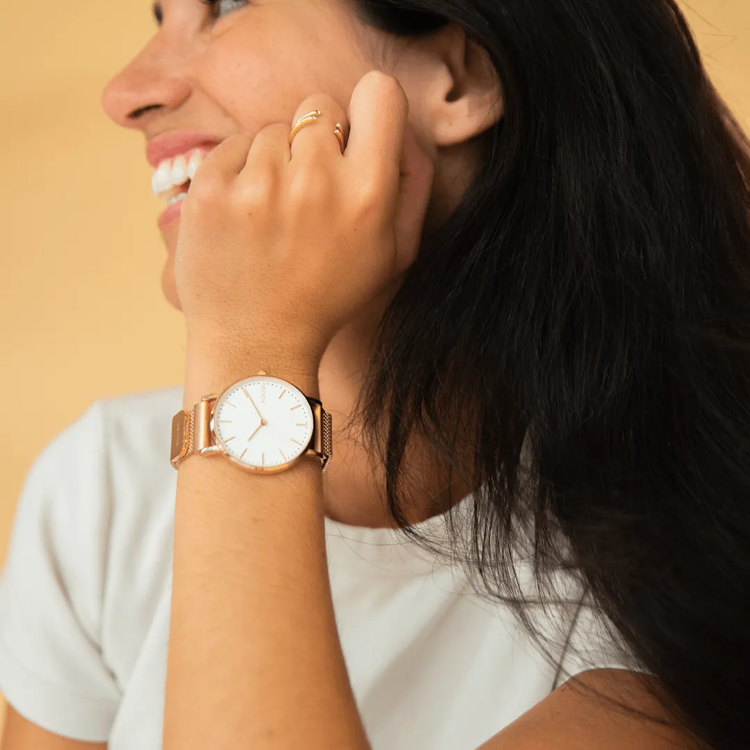 Solar Watch with White & Rose Gold Dial | Grey Mesh Strap