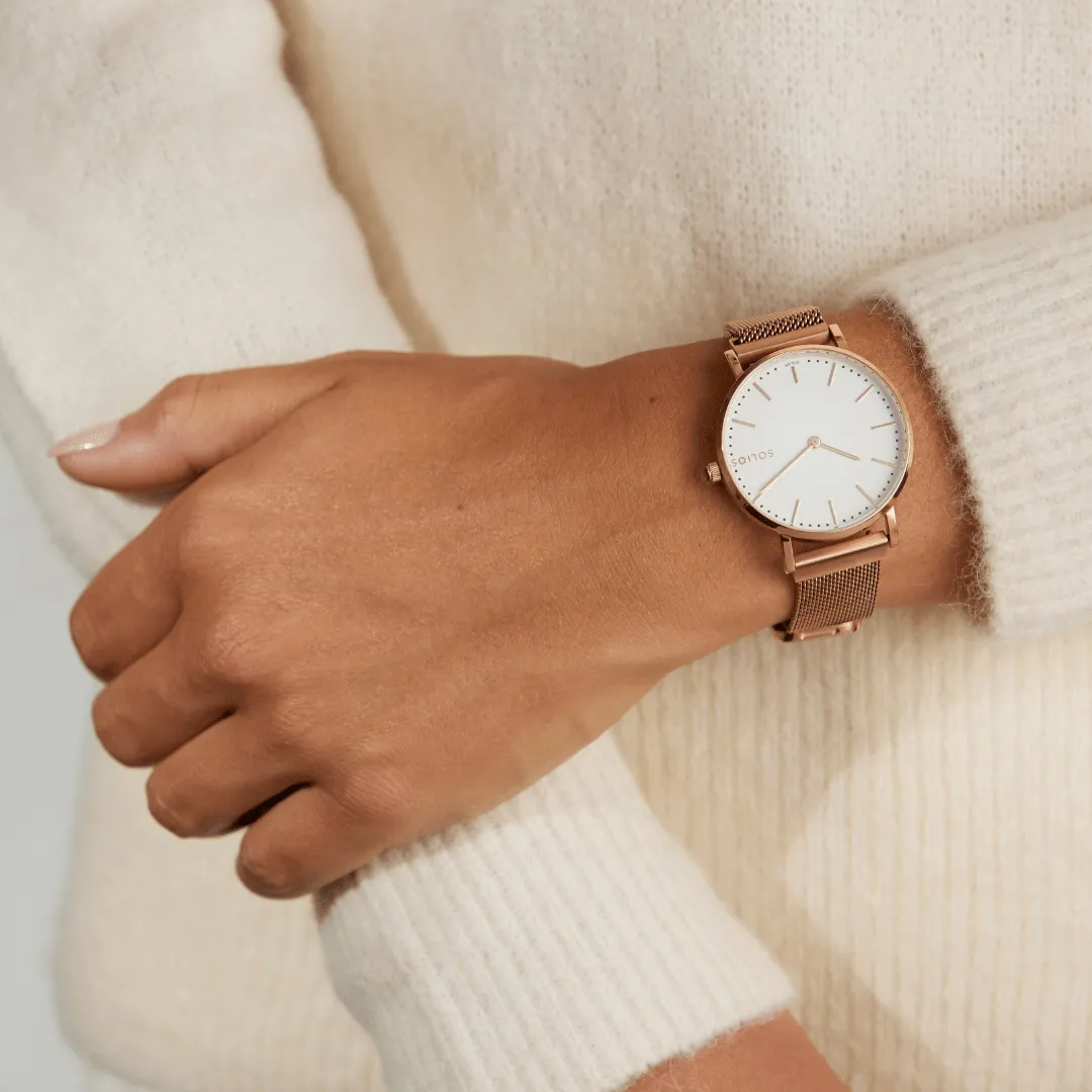 Solar Watch with White & Rose Gold Dial | Grey Mesh Strap