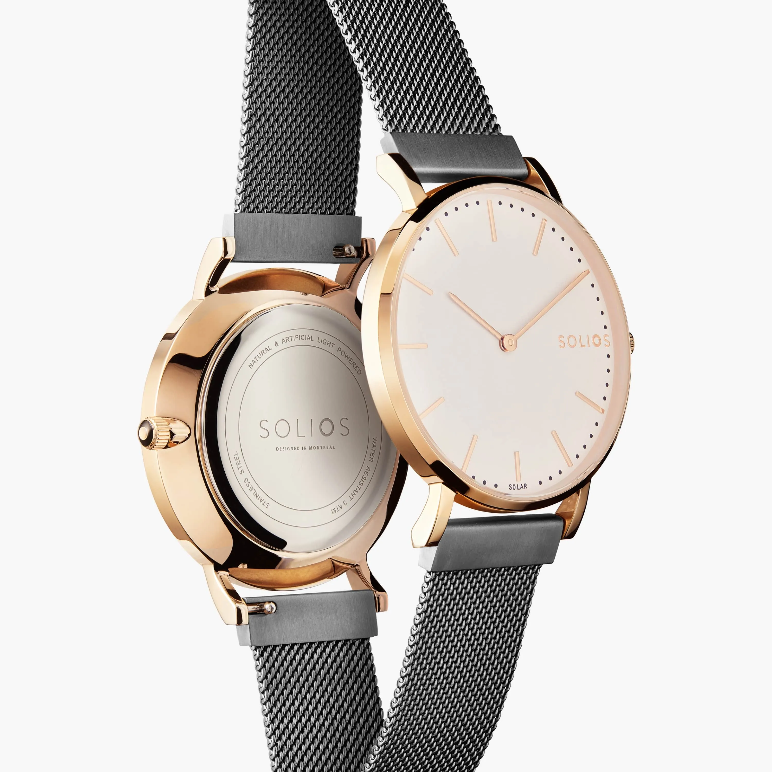 Solar Watch with White & Rose Gold Dial | Grey Mesh Strap