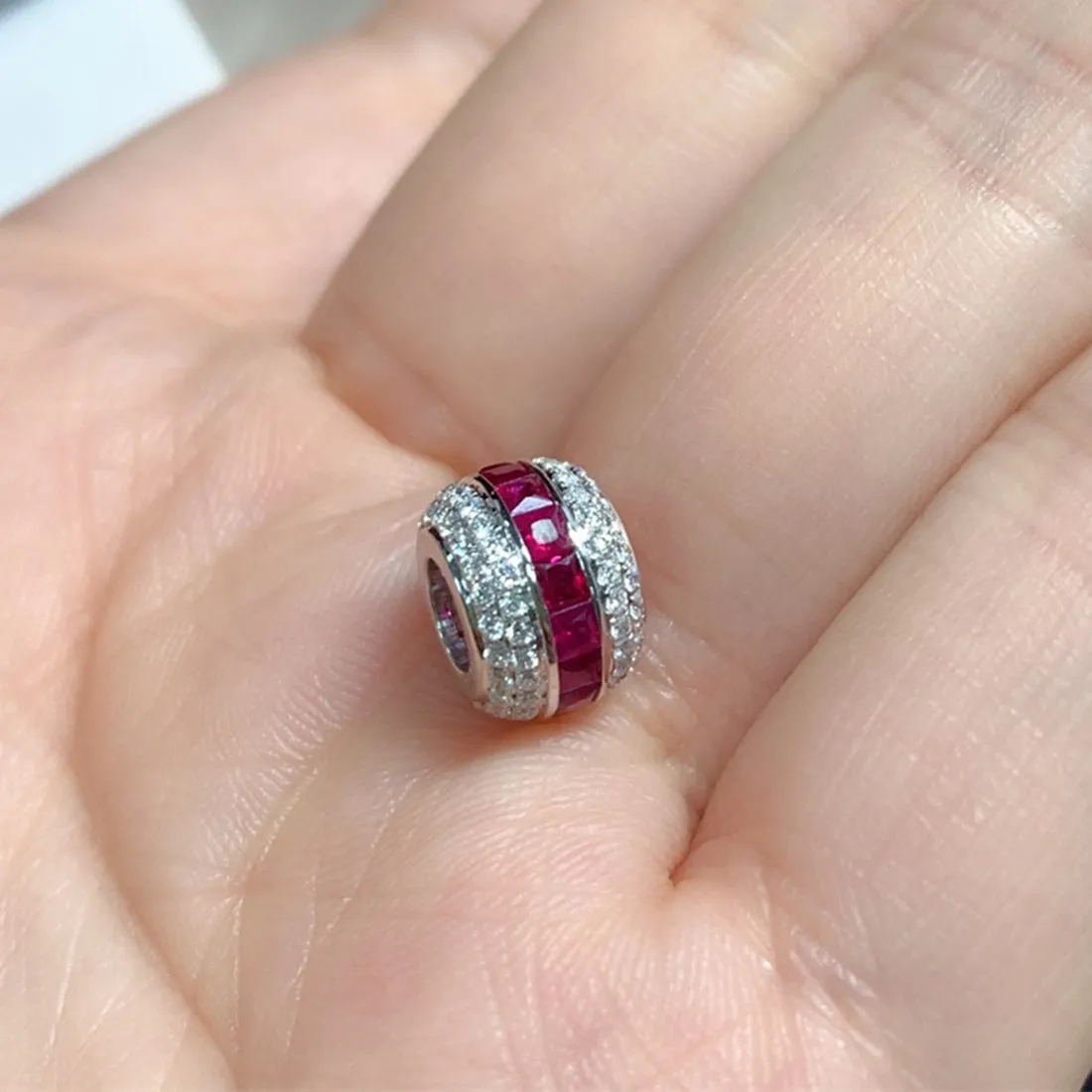 Solid 18k Gold Diamond and Ruby Pave Spacer Bead