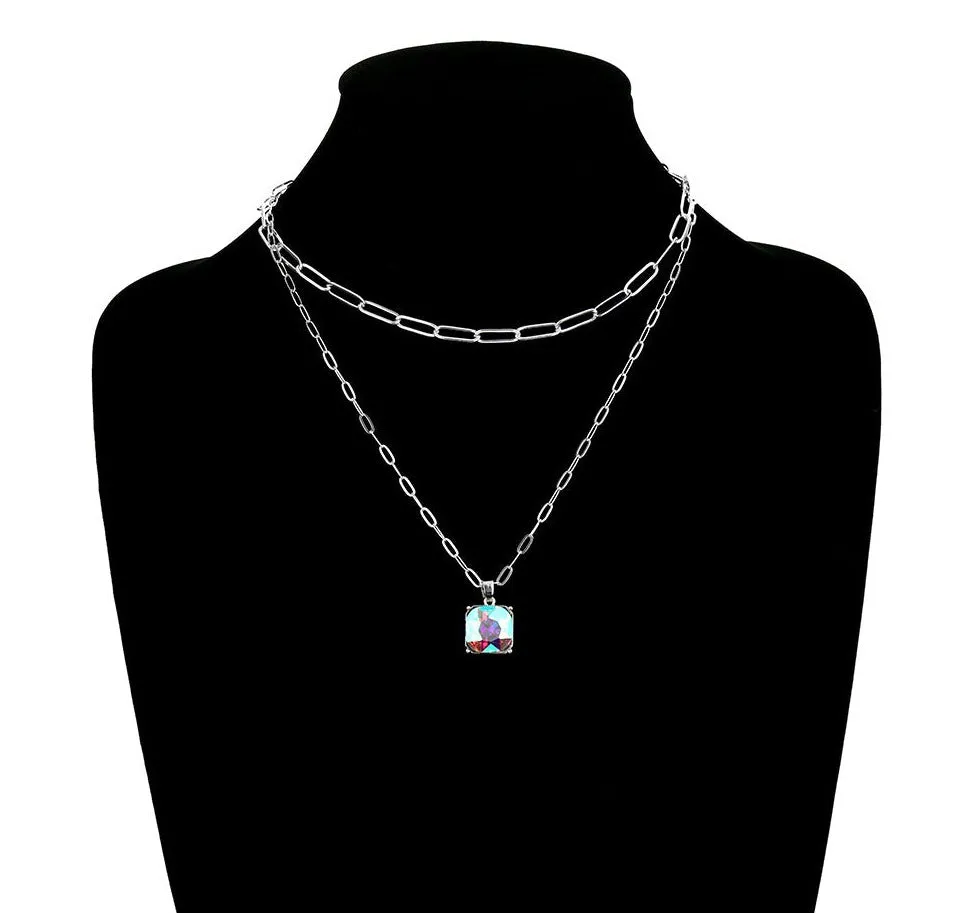 Square Set Rhinestone Pendant Layered Necklace
